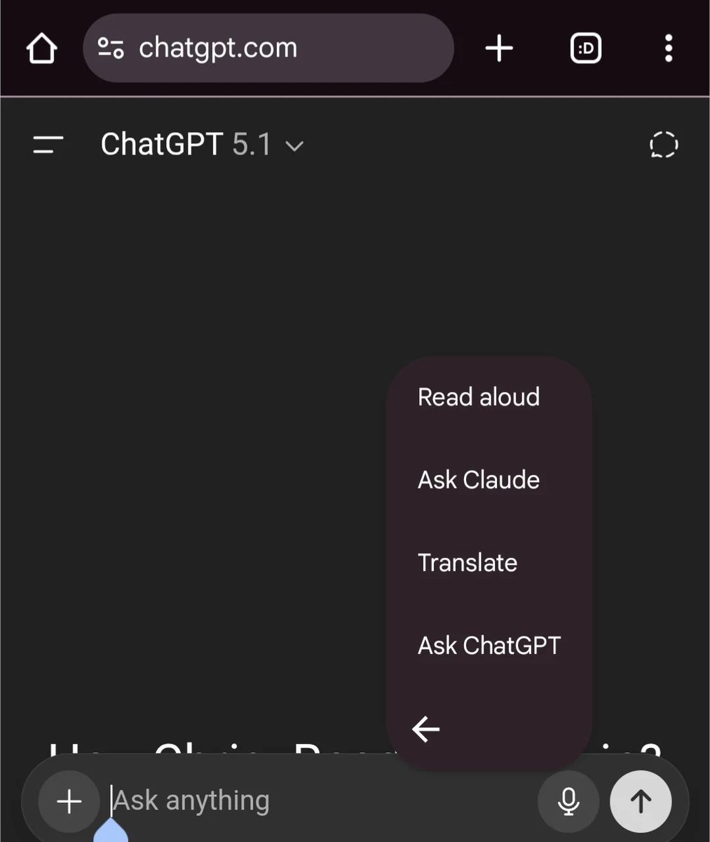 ChrisCinelli's tweet photo. I am using Gboard on Chrome on Android on any textbox. Pasting has an option "Ask chatGPT" and "Ask Claude". This is on https://t.co/D7aASX9e0a but it happens on any site. What is causing this behavior? #ChatGPT #Claude #Android #browser #BrowserExploits https://t.co/ZxUCsUAxxQ