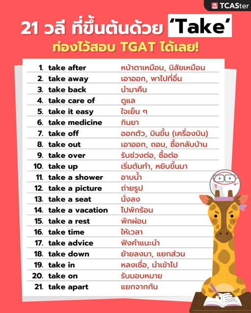 TCASterApp's tweet image. 📷 เสิร์ฟกันอีกแล้ว! ปีนี้น้อง ๆ ต้องได้ TGAT1 เต็ม!
วันนี้พี่ทีมาพร้อมกับ 21 วลีที่ขึ้นต้นด้วย &apos;Take&apos; ท่องไปได้ใช้แน่นอน
#แชร์ ให้เพื่อนมาท่องไปด้วยกันเลย 📷
#TCASter #Mytcas #TCAS69 #DEK69 #TGAT #TPAT #Alevel #แจกศัพท์ #เตรียมสอบ #สอบติดมหาลัย #สอบติด