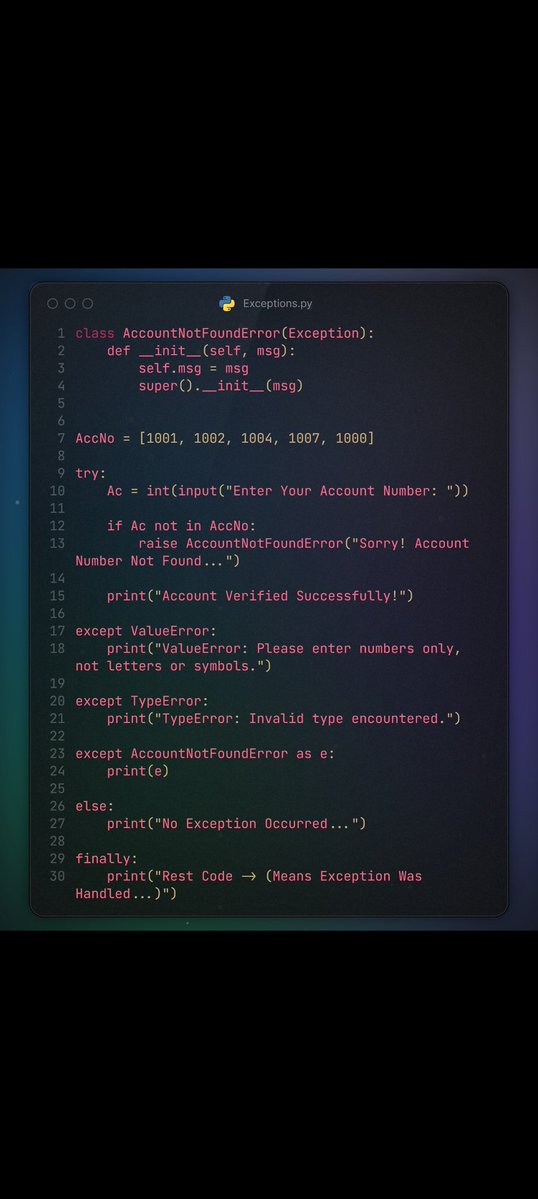 Raunak_codes's tweet image. &quot;Custom Exceptions in Python 
Handling errors like a pro — ValueError, TypeError, and even our own AccountNotFoundError.
Clean code, safe code, reliable code.&quot;

#python #coding #errorhandling #customexceptions #learncoding #pythondeveloper #codingsnippets #programmerlife