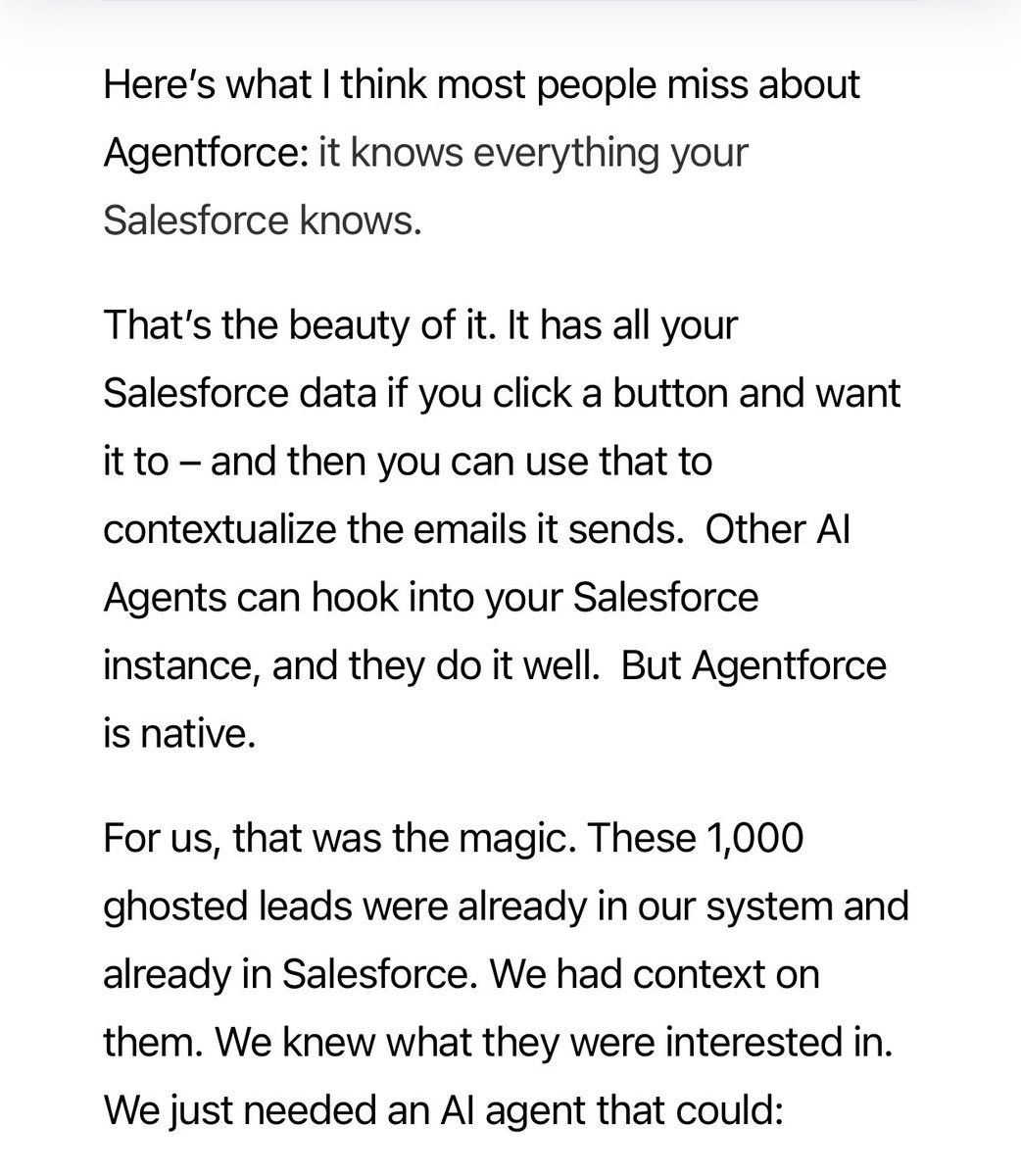 Benioff's tweet image. “Here’s what I think most people miss about Agentforce: it knows everything your Salesforce knows. That’s the beauty of it. It has all your Salesforce data if you click a button and want it to – and then you can use that to contextualize the emails it sends.” @jasonlk…