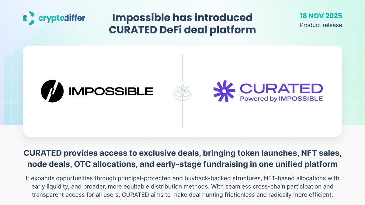 ❗️@Impossiblefi has introduced @Curated_hq deal platform #CURATED provides  on-chain access to exclusive #crypto deals, bringing #token launches, #NFT  sales, node deals, #OTC allocations, and early-stage #fundraising in one  unified platform. 👉 https ...