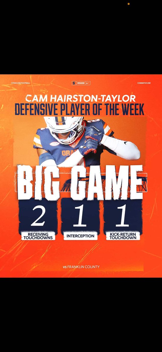 TaylorMadeOnG's tweet photo. Thank you @CuseFootball for naming me defensive player of the week. I'm just doing what God put me on this earth to do, that's all. #Zoom #DB #UpTopWithit #TaylorMadeOnG @FranBrownCuse @Coach_Stork @CoachJ_Schaefer @TaylorZooom
@PHPatriotsFB https://t.co/KUUH7LHGME