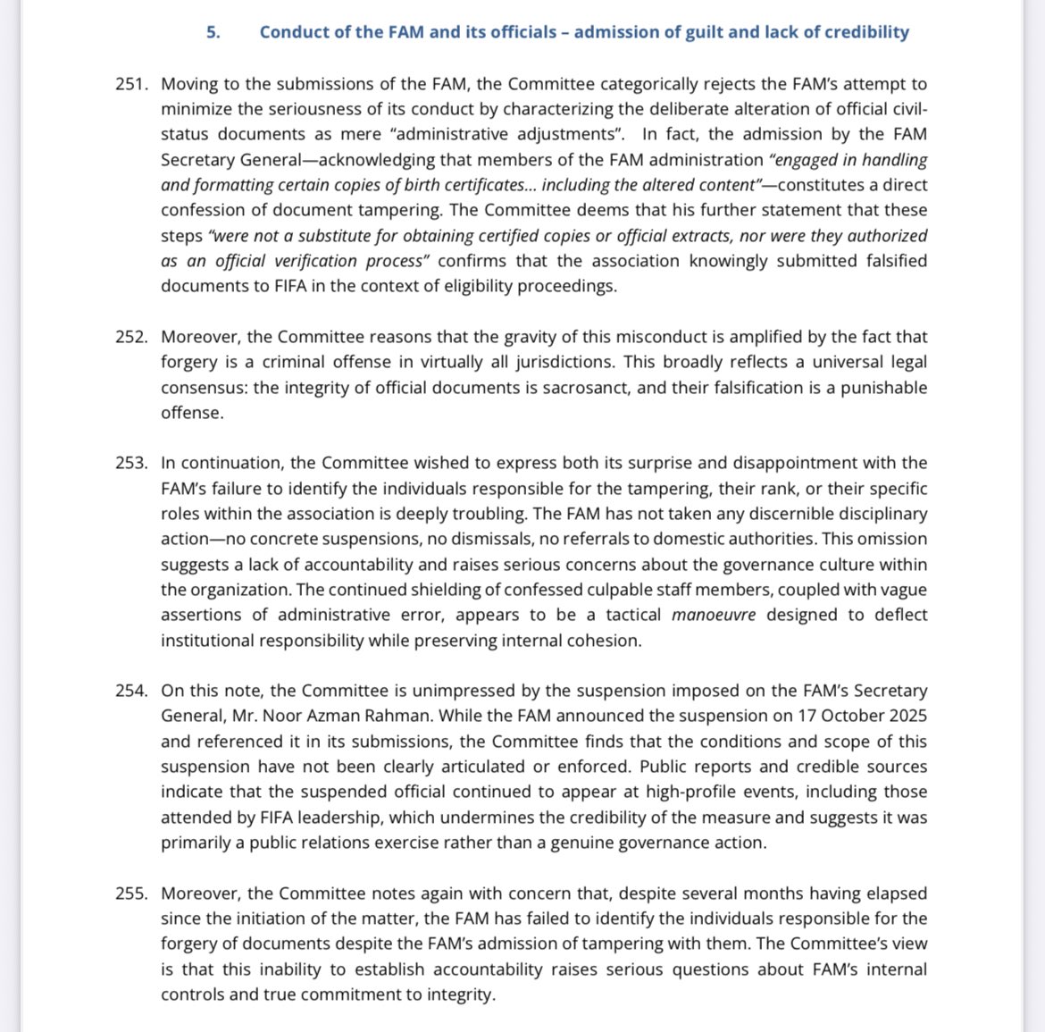 A pretty damning portion of the statement from FIFA. 

They’ve slammed FAM’s kesilapan teknikal’ argument and doubled down on ‘documentation forgery’. 

Also went on to question ‘governance culture’ within FAM and its ‘commitment to integrity’