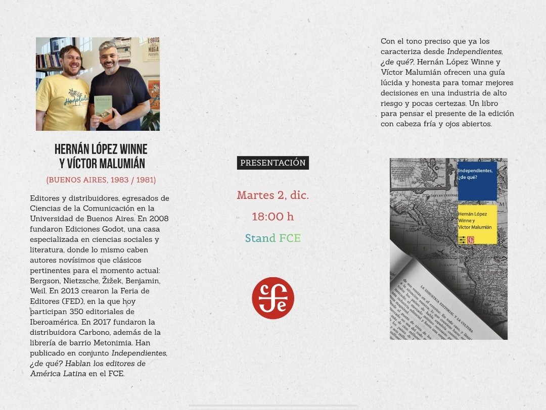 ¿Te has preguntado cómo trabajan los editores? 🖋️
Si es así, no te pierdas el próximo 2 de diciembre a las 18h la presentación de "La tirada" de Hernán López Winne y <a href="/vmalumian/">Víctor Malumián</a>
¡Explora como inicia la tirada de un libro y todo lo que conlleva para ser publicado! 📚✨