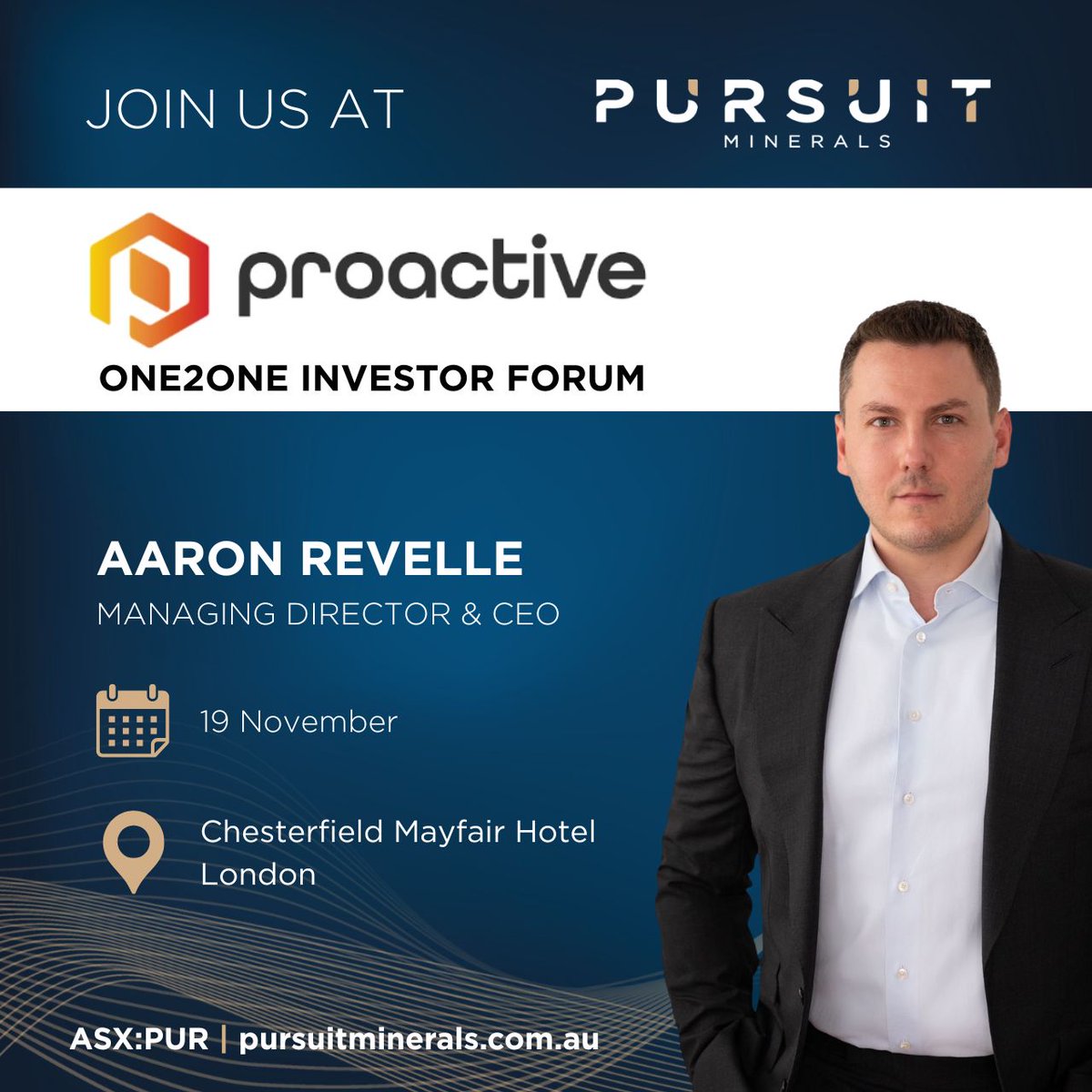 Proactive One2One Forum – London (14 Nov)
MD &amp; CEO Aaron Revelle will present #PursuitMinerals (ASX:PUR) at the <a href="/proactive_x/">Proactive</a>  One2One Forum in London, sharing updates on our lithium &amp; gold projects in Argentina.

#Lithium #Gold #Argentina #ASX #Mining #ProactiveInvestors