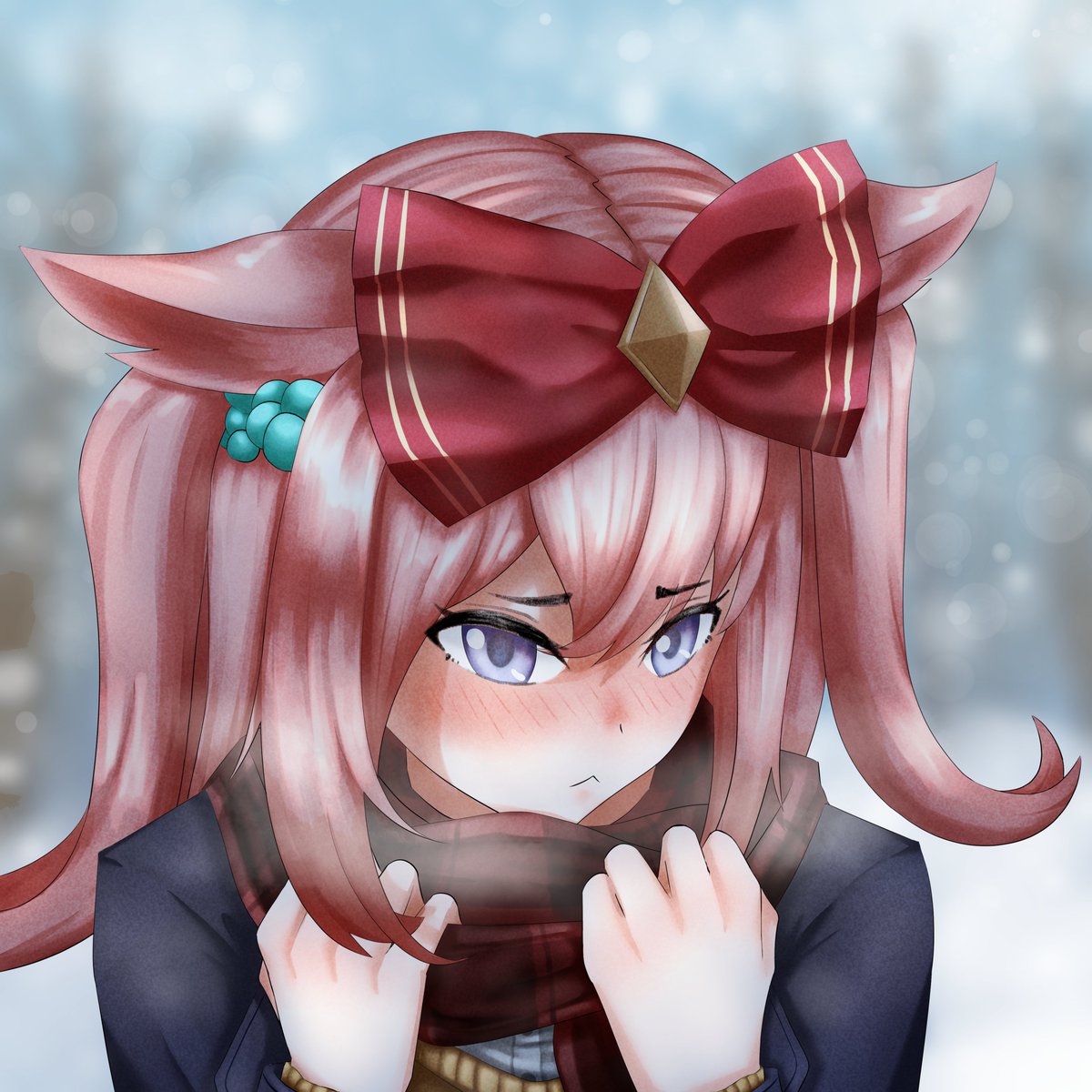 Hiogen1's tweet image. Here's my offering for Agnes Digital's banner coming out soon, a Digitan embarrased because she has her trainer's scarf 🙏🙏🙏

#umamusume #umamusumeprettyderby