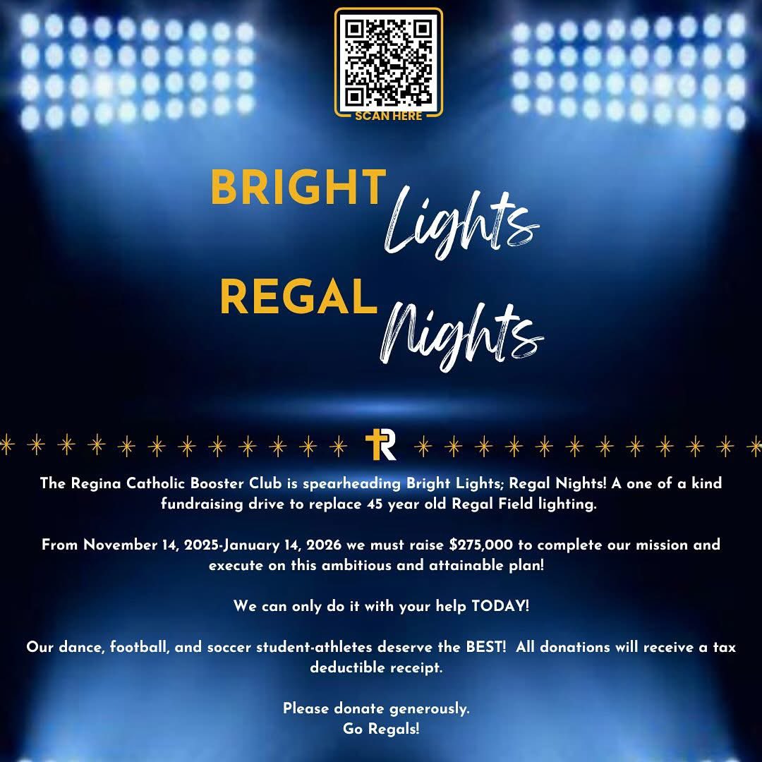 EdHinkel's tweet photo. Regal Fans: The Regina Athletic Booster Club is on a mission to replace the 45 year old, original stadium lights on our field. See the graphic below with details on how you can help us accomplish this goal and brighten our Friday Night Lights! #GoRegals https://t.co/JV7MS7RUlU
