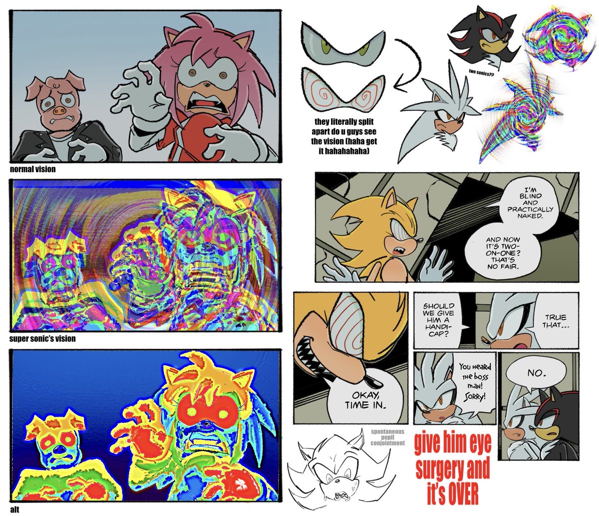 huhermm's tweet photo. i’ve had this head-canon for awhile now that super sonic has horrible vision cause of his split apart pupils #SonicTheHedgehog #SonicTheComic https://t.co/WTVUJIoHe5