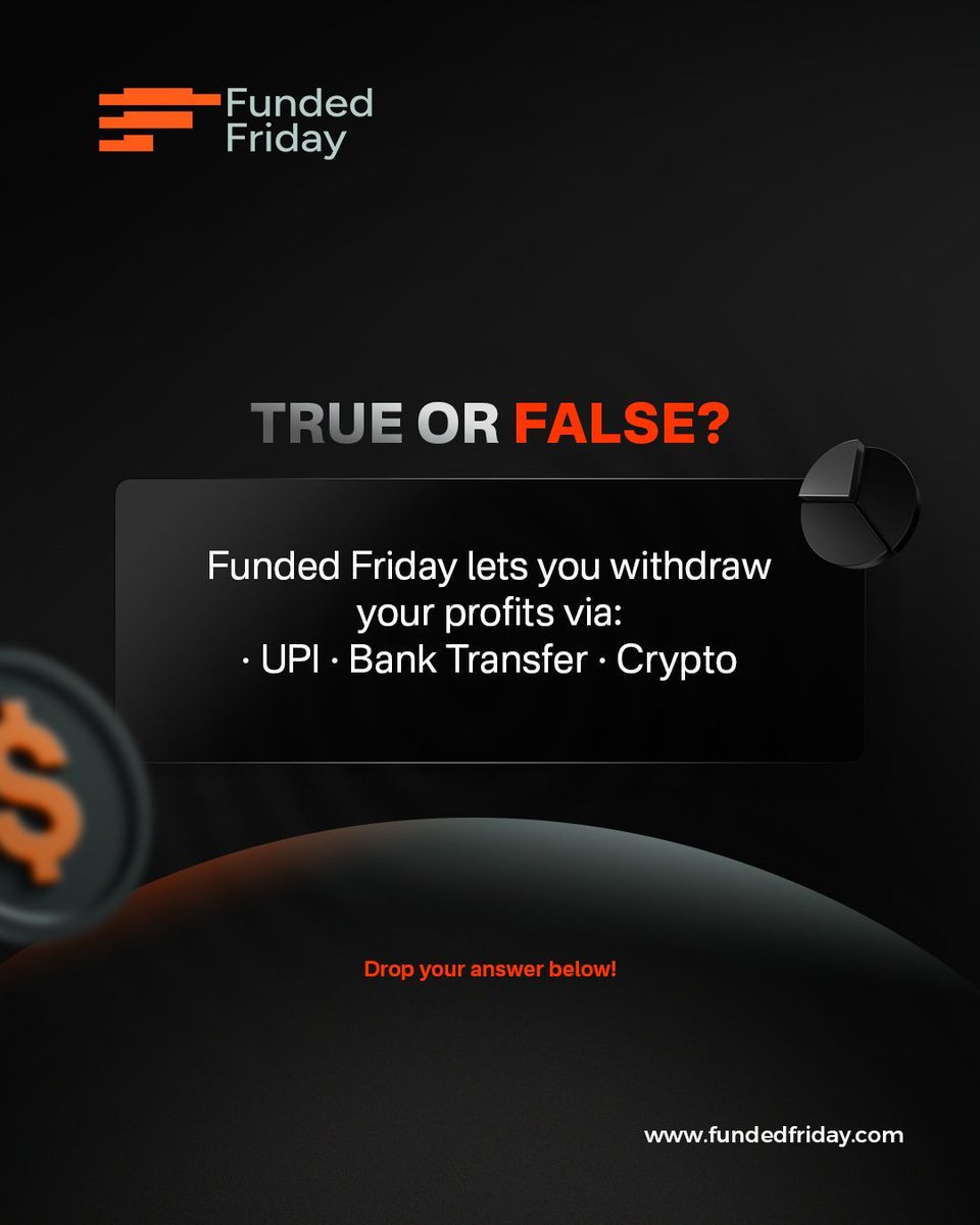 Fundedfriday's tweet image. Yes! it’s 100% TRUE. 
At Funded Friday, you choose how you get paid:
✅ UPI (for Indian traders)
🏦 Bank Transfer
🪙 Crypto

👉 fundedfriday.com

#FundedFriday #GetFunded #PropTrading