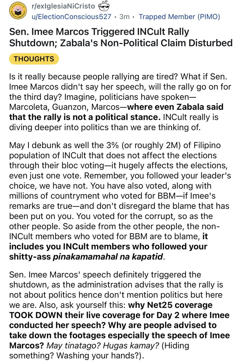 nabunturanguy's tweet image. Mukhang may sense ang post na ito sa Reddit r/ExIglesiaNiCristo. KAYA DAW ABRUPTLY AY PINUTOL ANG 3-DAY RALLY AY DAHIL UNEXPECTED ANG GINAWA NI MANANG MANGGA, AT NASIRA ANG CLAIM NILANG NON-POLITICAL ANG KANILANG PAGTITIPON.  Hala ka, Manang Mangga, baka nagalit na ang KULTO sa…