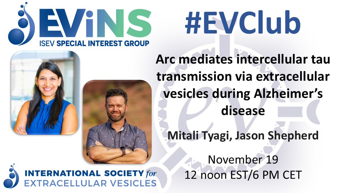 KennethWWitwer's tweet image. Join #EVClub with #EViNS this week to learn about tau transmission, Arc, and #ExtracellularVesicles in Alzheimer&apos;s disease

Wed, Nov 19, 12 noon ET/9 AM Pacific/18.00 CET

With Mitali Tyagi and Jason Shepherd @JasonSynaptic

Need the login? surveymonkey.com/r/EVClubISEV

Check out the…