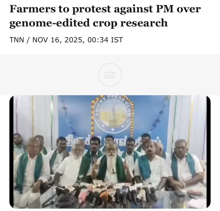 awakenindiamvmt's tweet photo. *Farmer unions call PM to stop Govt's gene editing push in Indian agriculture, saying it goes against natural farming*

Citing the Union govt's large allocation for genome-edited crop variety research, they claimed that it contradicts the PM's promotion of natural farming.
"Genome-edited crop varieties can harm soil health and undermine the natural advantages of traditionally grown varieties. We call on the Prime Minister to halt support for genome-edited crops if he truly backs natural farming," stated 'Cauvery' V Dhanabalan, a farmer representative. Around 16 farmers' associations from across the state, represented by their leaders, took part in the press conference in Trichy. 

The Rs 500 crore allocation in Union Budget 2023-24 aims to advance genome-editing research in agricultural crops. 

_Genome/gene editing is new age GM technology. Gene edited rice varieties scheduled to be released shortly by Govt in our farms and plates. This is even though lot of issues on gene edited rice have come to light in public domain recently._

https://t.co/bp0uOKfKEQ