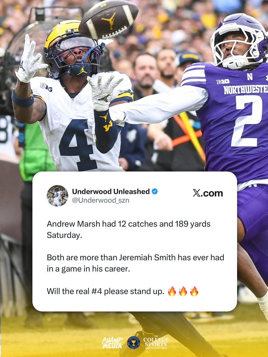 Andrew Marsh racked up more catches and yards against Northwestern than Jeremiah Smith has in any game🙌👏〽️