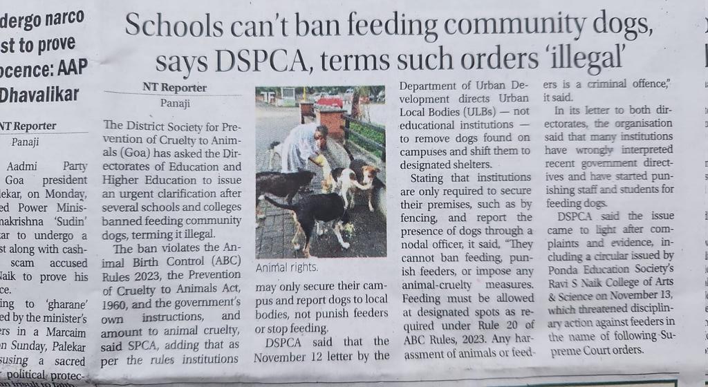 Thank you <a href="/Navhind_Times/">The Navhind Times</a> for highlighting the confusion created by the government and school managements in implementation of the Supreme Court order on community dogs. <a href="/DOE_GOA/">Directorate of Education, Goa</a>
<a href="/EduMinOfIndia/">Ministry of Education</a> <a href="/Goa_edu/">Education Department, Goa</a>
<a href="/GoaHumaneTrust/">Goa Humane Trust for Animals</a> <a href="/WAGANIMALRESCUE/">WAG: Welfare for animals Goa</a> <a href="/asharmeet02/">Meet Ashar</a> <a href="/PetaIndia/">PETA India</a> <a href="/DexterBraganza/">Dexter Braganza</a>