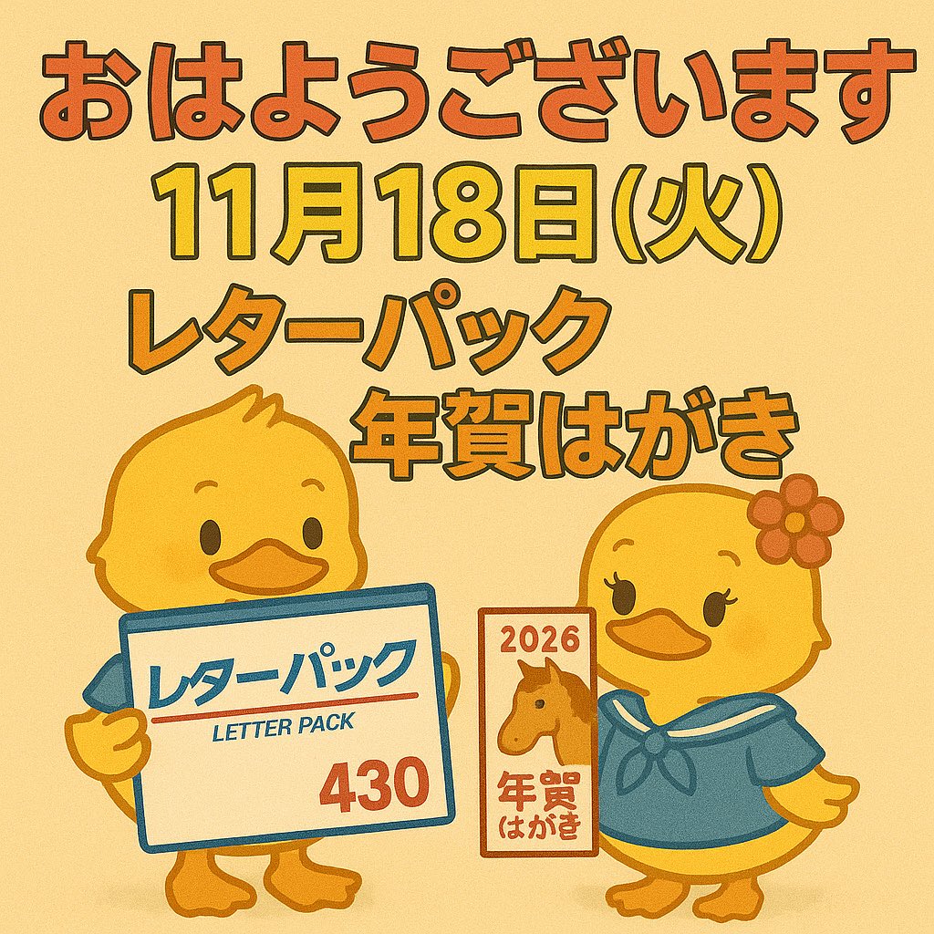 kanda_ticket's tweet image. おはようございます☀️
11月18日(火)✨
神田チケットは今日も元気に営業中💪
レターパック激アツ販売中🔥
切手もお得に販売中✨
そして2026年の年賀はがきも販売してます💌
今日もよろしくお願いします！

#神田チケット #レターパック #切手 #年賀はがき #神田駅東口 #チケットショップ