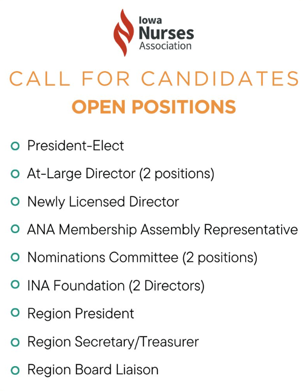 Call for Candidates: November 17 – November 24 at 11:00 PM (CST). If you previously submitted your name, we invite you to submit your information again as part of extended election process.

Submit your candidacy here: form.jotform.com/253205213591146

Reach us @ iowanurses@outlook.com