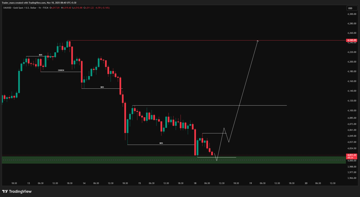 Trader_muru's tweet photo. XAUUSD Price is at POI watch for 1 hr CHOCH after test of this 4005-3995 zone and it will pump
target will be 4050-4120-4245-4381 https://t.co/OTrWOSkzsj