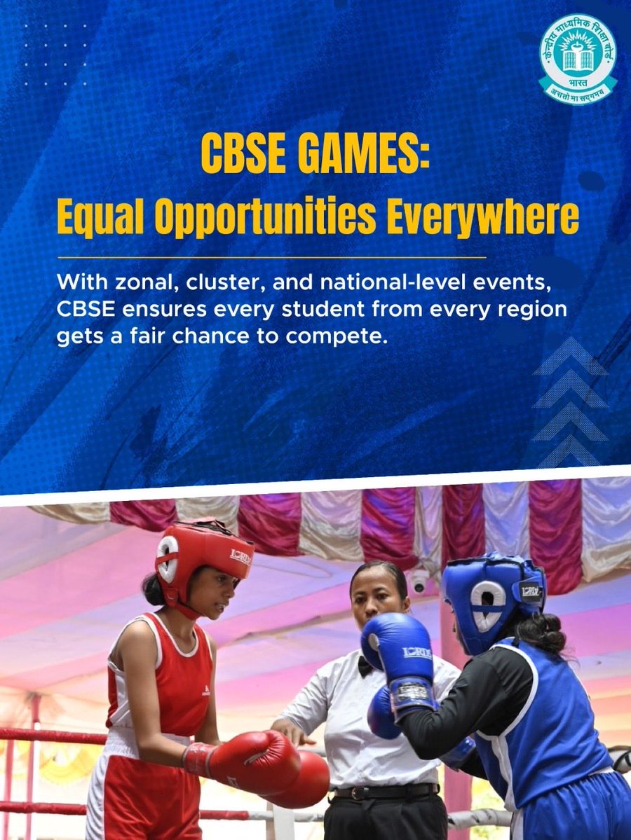 cbseindia29's tweet image. CBSE is committed to building champions beyond classrooms, giving every student the chance to play, grow, and shine.
Swipe to explore how our sports ecosystem nurtures India’s future athletes. 

#CBSESports #FutureChampions #CBSE #CBSEStudents #SchoolSports #YouthInSports…