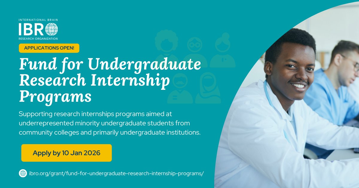 IBROorg's tweet image. Up to $25k in funding is available for established #neuroscience internship programs for underrepresented undergraduates in the US &amp;amp; Canada - covering stipends, supplies &amp;amp; more

Applications are open until 10 Jan 2026 - start yours now!
ibro.org/grant/fund-for…

#IBROinUSCanada
