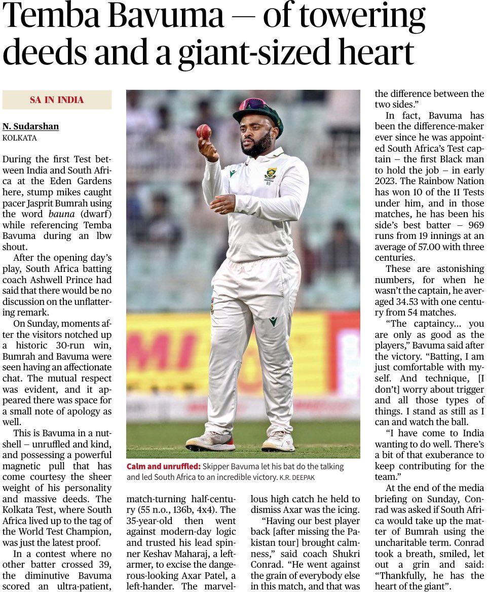 Celebrate the cricket, leadership, and character of one of the most likeable cricketers in international cricket, Temba Bavuma. Read this article by K. Sudarshan in The Hindu of November 18, 2025: