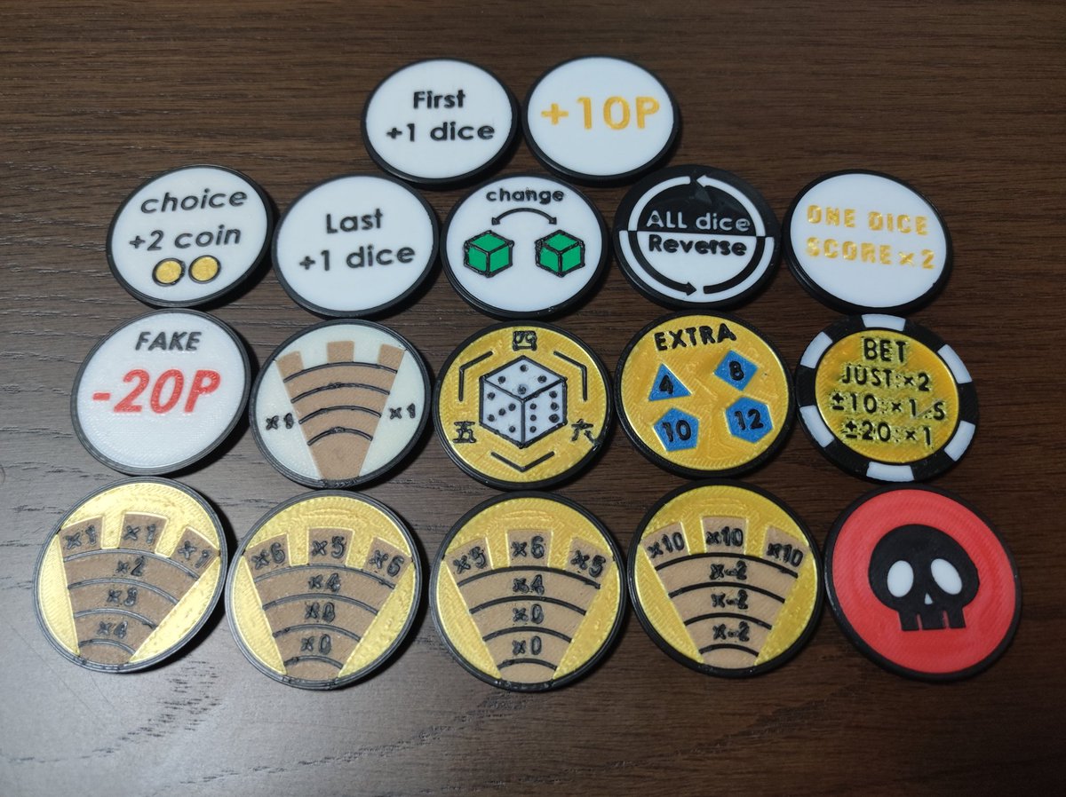 vino19312002's tweet image. タンブリンダイス＋で盛り上がってるので自作の個人拡張を載せておきます！
4人プレイ時、ラウンド終了時に4位のプレイヤーがチップを4枚引き、4位→3位の順で1枚を選び次のラウンドに適用されます。
一発逆転もあり得るので盛り上がります！！！