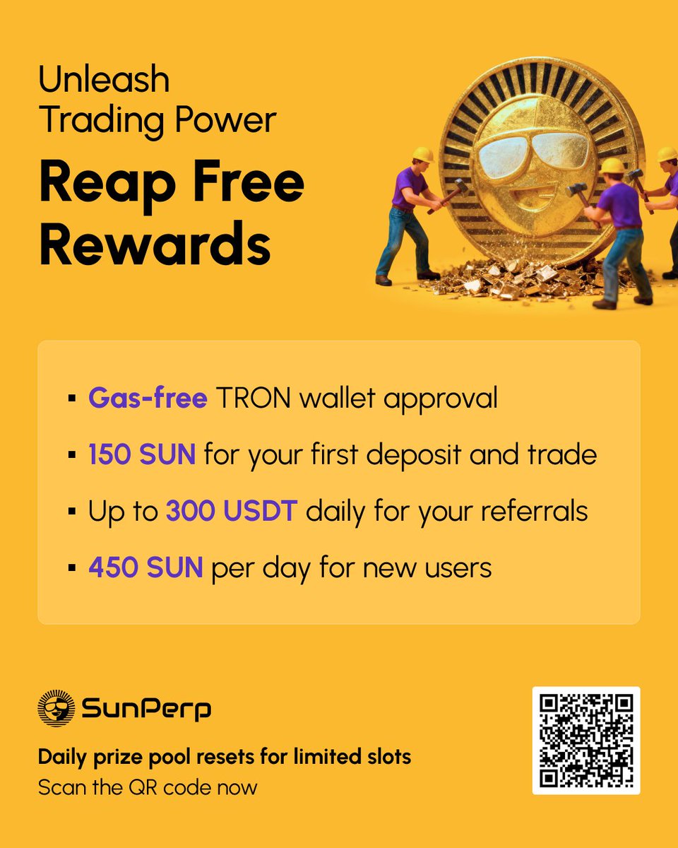 SunX_DEX's tweet image. Zero Gas Fees + Free $SUN! 💰

Get 150 $SUN on your 1st deposit &amp;amp; trade
Earn 300 $SUN daily for referrals 📈

Claim now 👉 sunperp.com/futures/airdro…
(or scan the QR code )