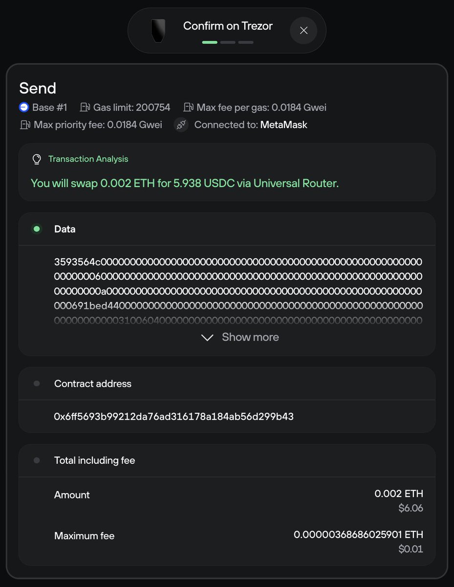 feliam's tweet image. OMG!! If you value your safety start using @Trezor right now! It’s the only wallet I know that actually decodes every transaction into plain English. This is how all wallets should work. The future is now. #devcon #devconnect