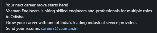 walkin_jobs's tweet photo. #VaamanEngineers #VaamanHiring #EngineeringJobs #OdishaJobs #LanjigarhJobs #JharsugudaJobs #MechanicalJobs #CivilEngineeringJobs #ElectricalEngineeringJobs #ProjectManagerJobs #QualityEngineerJobs #SafetyEngineerJobs #EngineeringCareers #NowHiringIndia #IndustrialJobs #Career https://t.co/Tfz9LRgSbM