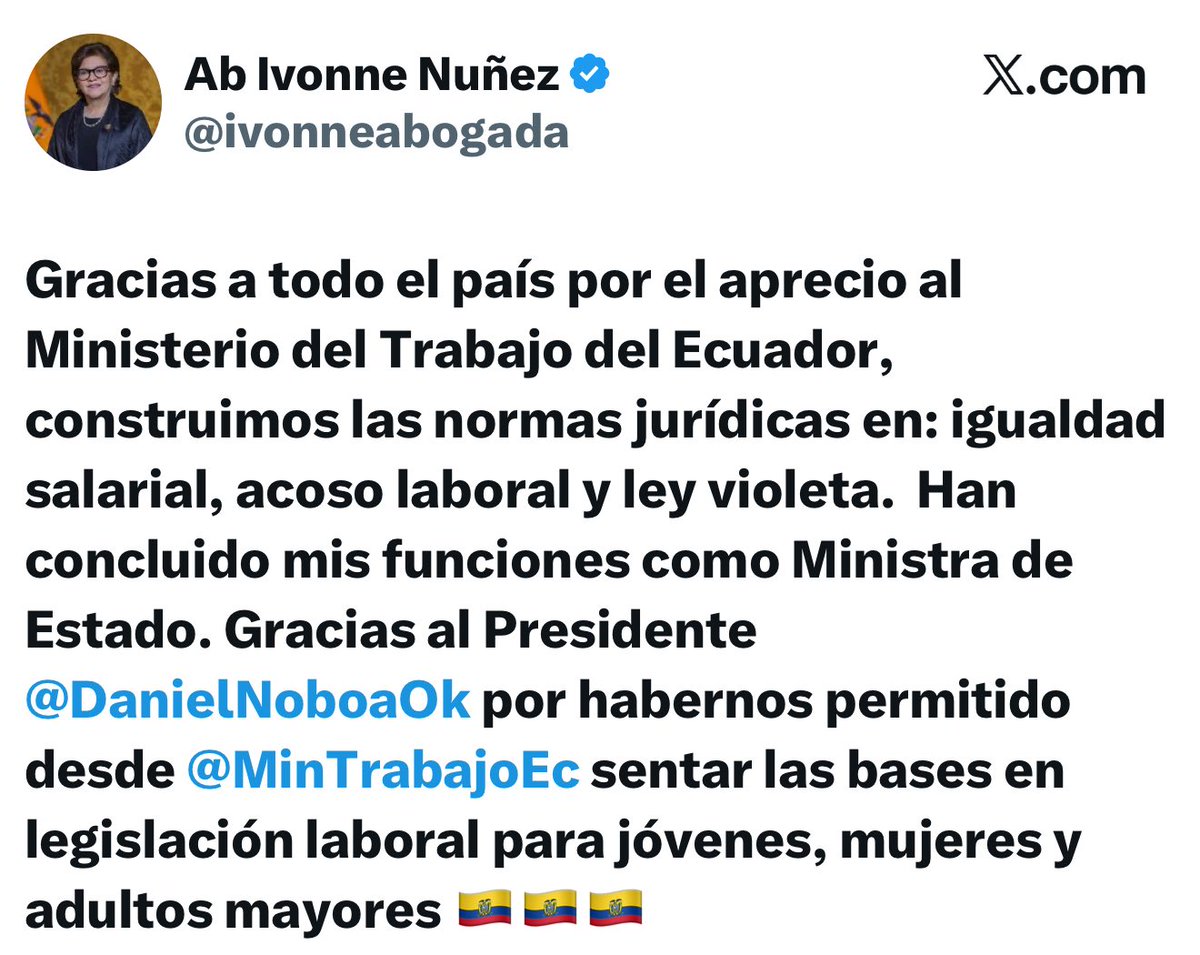 CafeRadioEc's tweet image. 🔴🇪🇨📻 Ivonne Núñez anunció su salida del Ministro del Trabajo la noche del 17 de noviembre mediante sus redes sociales. El mensaje de Núñez se da después de la derrota electoral que sufrió el Gobierno Nacional en la Consulta Pppular y Referéndum del 16 de noviembre.