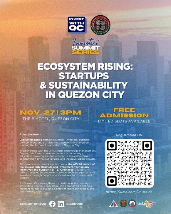 Official_UPD's tweet photo. Be part of the “Investors’ Summit Series: Ecosystem Rising: Startups and Sustainability in Quezon City” on Nov. 27, 3 p.m, at The B Hotel, 4 Scout Rallos St., Barangay Laging Handa, Quezon City.

To join, register at https://t.co/GOLvYy0BqL scan the QR code on the poster. https://t.co/Cbrw1BRDSw