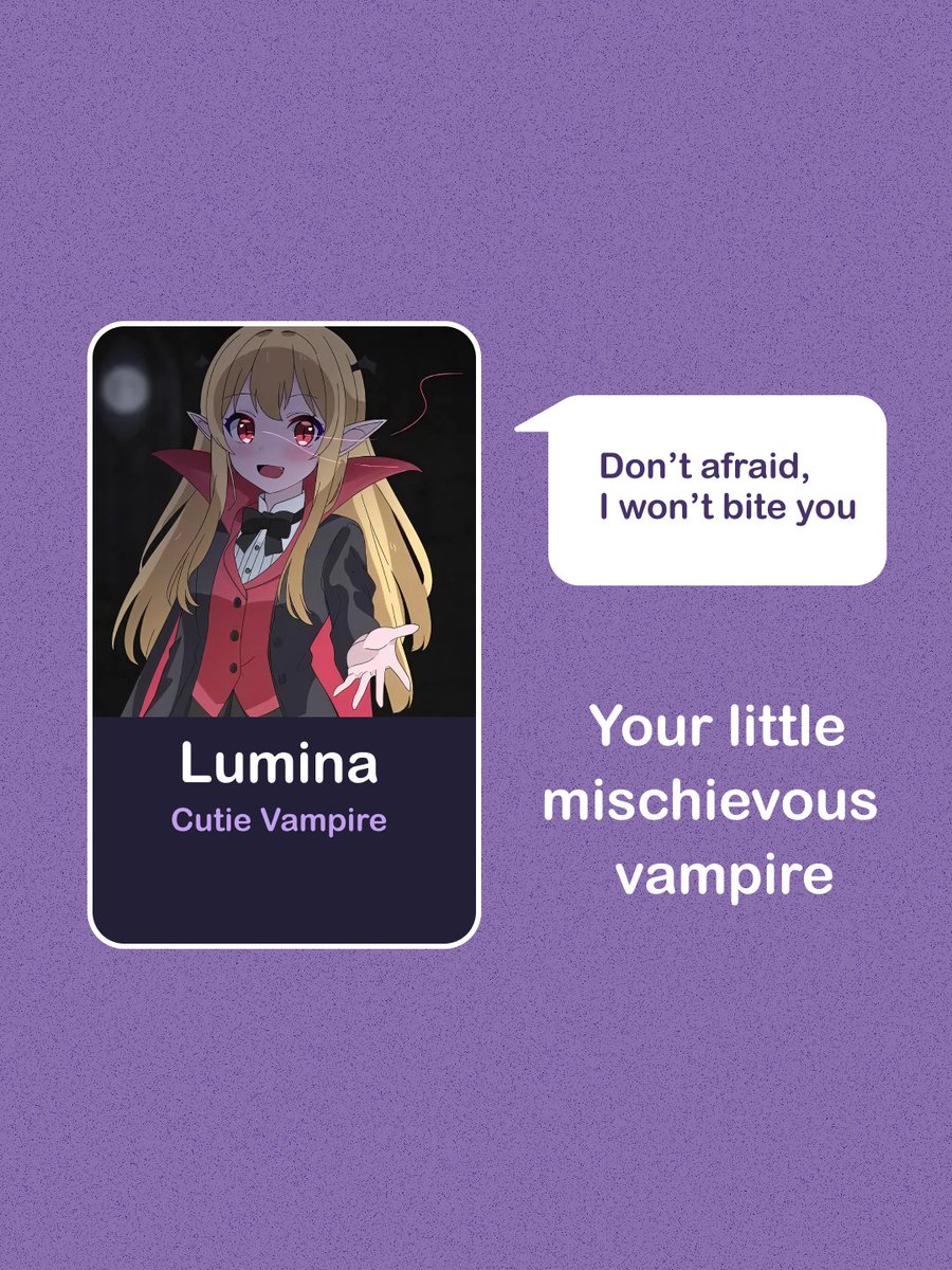Saen_D1999's tweet image. Have you ever met this little vampire? Lumina is ready to play with you.😈💜

Meet Lumina, the vampire! Come talk and create your story in Yu-Me.ai!

Dream you can touch, Character you can love
#Yume_AI #AIroleplay #AIchatbot #AIchat #AIgirlfriends #AIboyfriends