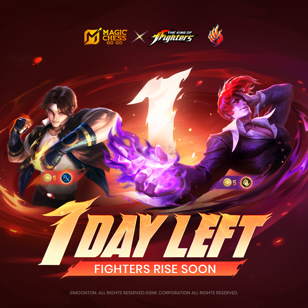 MagicChessGoGo's tweet image. Fighters Reborn, the battle reignites! Kyo Kusanagi and Iori Yagami will soon gather with five other KOF Heroes to form a brand new Synergy.
1 day left until the launch of MCGG Season 4: Fighters Reborn! The showdown is about to begin!
#MagicChessGoGo
#MCGG
#MCGGSeason4