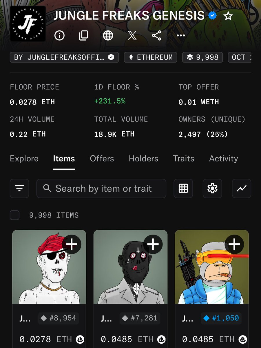 DadBodz_NFT's tweet photo. Wen featured collection😬🌴🦍🧟‍♂️ 
@opensea 

@JungleFreaksNFT  up +231 for the day and almost +300 for the week! And only 46 currently listed out of 10k❤️‍🔥

OG JUNGLE RISING https://t.co/u4N7husunB