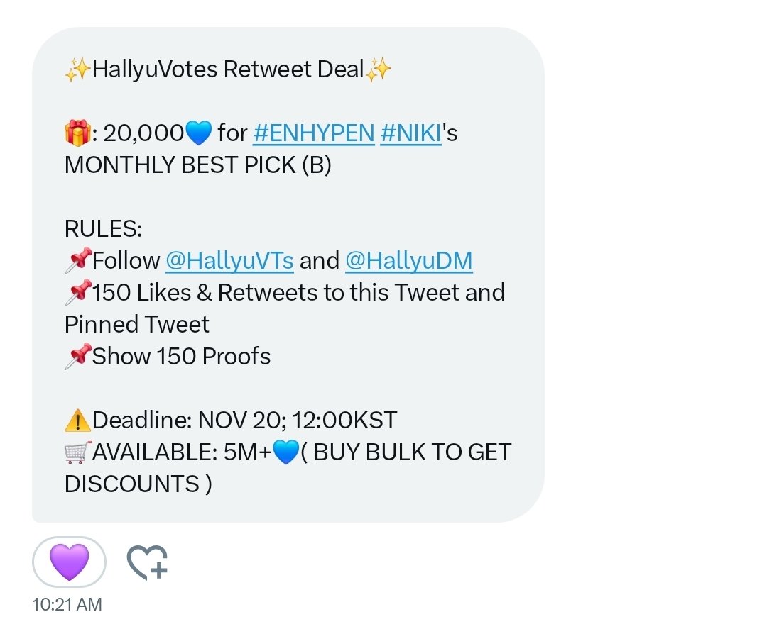 ✨HallyuVotes Retweet Deal✨

🎁: 20,000💙 for #ENHYPEN #NIKI's MONTHLY BEST PICK (B)

RULES:
📌Follow <a href="/HallyuVTs/">Hallyu</a> and <a href="/HallyuDM/">Hallyu Messages 📨</a>
📌150 Likes &amp; Retweets to this Tweet and Pinned Tweet
📌Show 150 Proofs

⚠️Deadline: NOV 20; 12:00KST
🛒AVAILABLE: 5M+💙( BUY BULK TO GET DISCOUNTS )