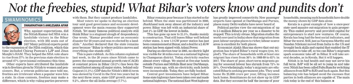 chandrarsrikant's tweet image. Swaminathan Aiyar has an insightful take based on field visits to the interiors of Bihar. 
&quot;It&apos;s not the freebies, stupid.&quot;
Worth a read. It&apos;s often hard to quantify the impact of hard infra and capacity that takes years to build on the quality of lives and livelihoods