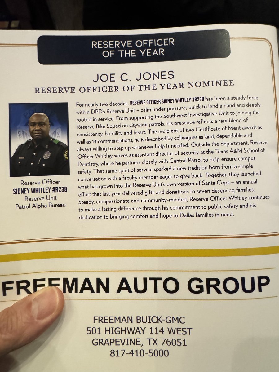 DPDReserves's tweet image. Congratulations to Reserve Senior Corporal Sidney Whitley on receiving the Joe C. Jones Reserve Officer of the Year Award at tonight’s Friends of the Dallas Police Awards Banquet! #ServingOurCommunity ⁦@DallasPD⁩