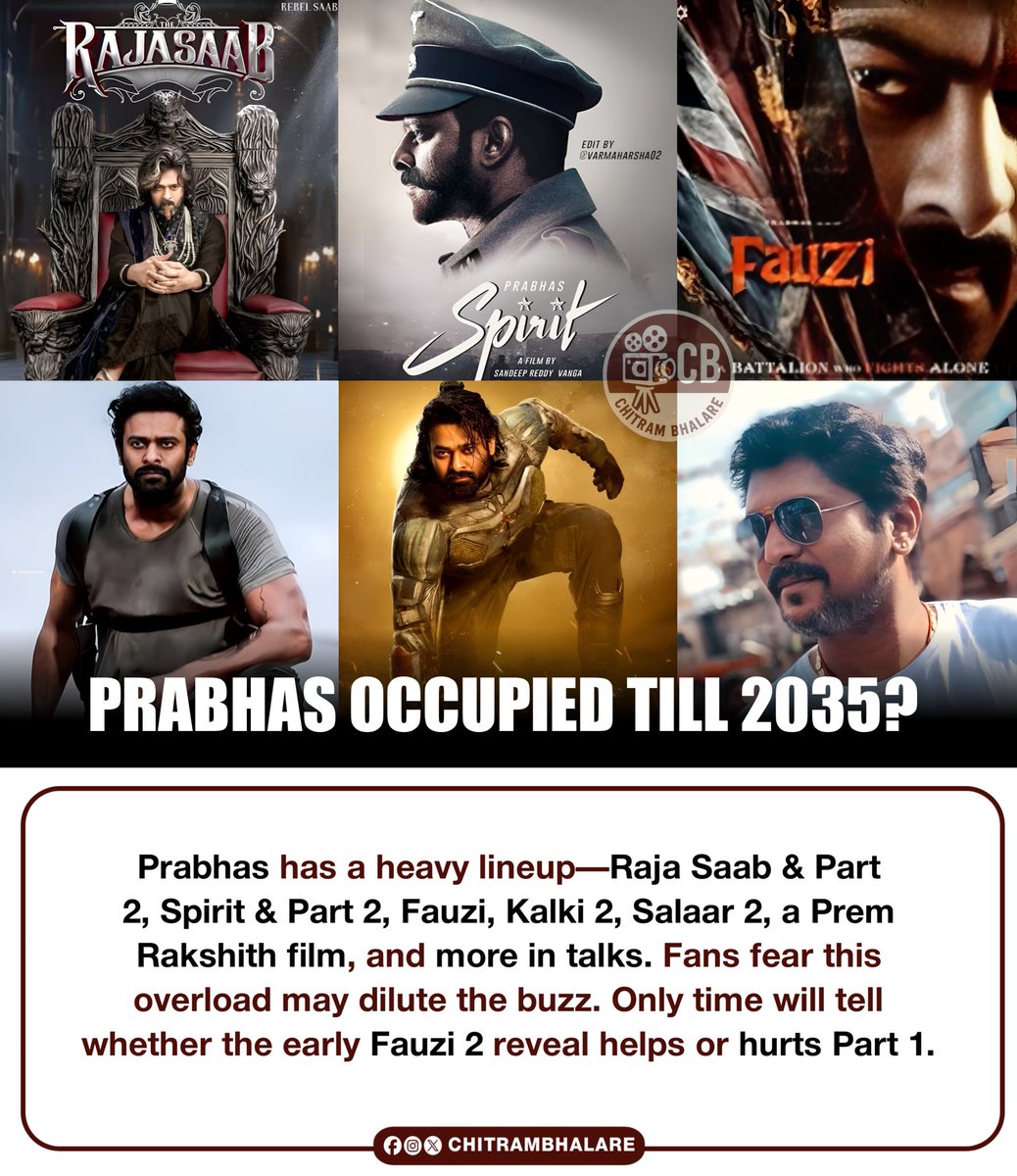 chitrambhalareI's tweet photo. #Prabhas has a packed long long lineup
#TheRajaSaab & Part 2
#Spirit & Part 2
#Fauzi & Part 2
#Kalki2898AD2 part 2
#Salaar2
#PremRakshith
and more in talk https://t.co/0PeYGCpJgX