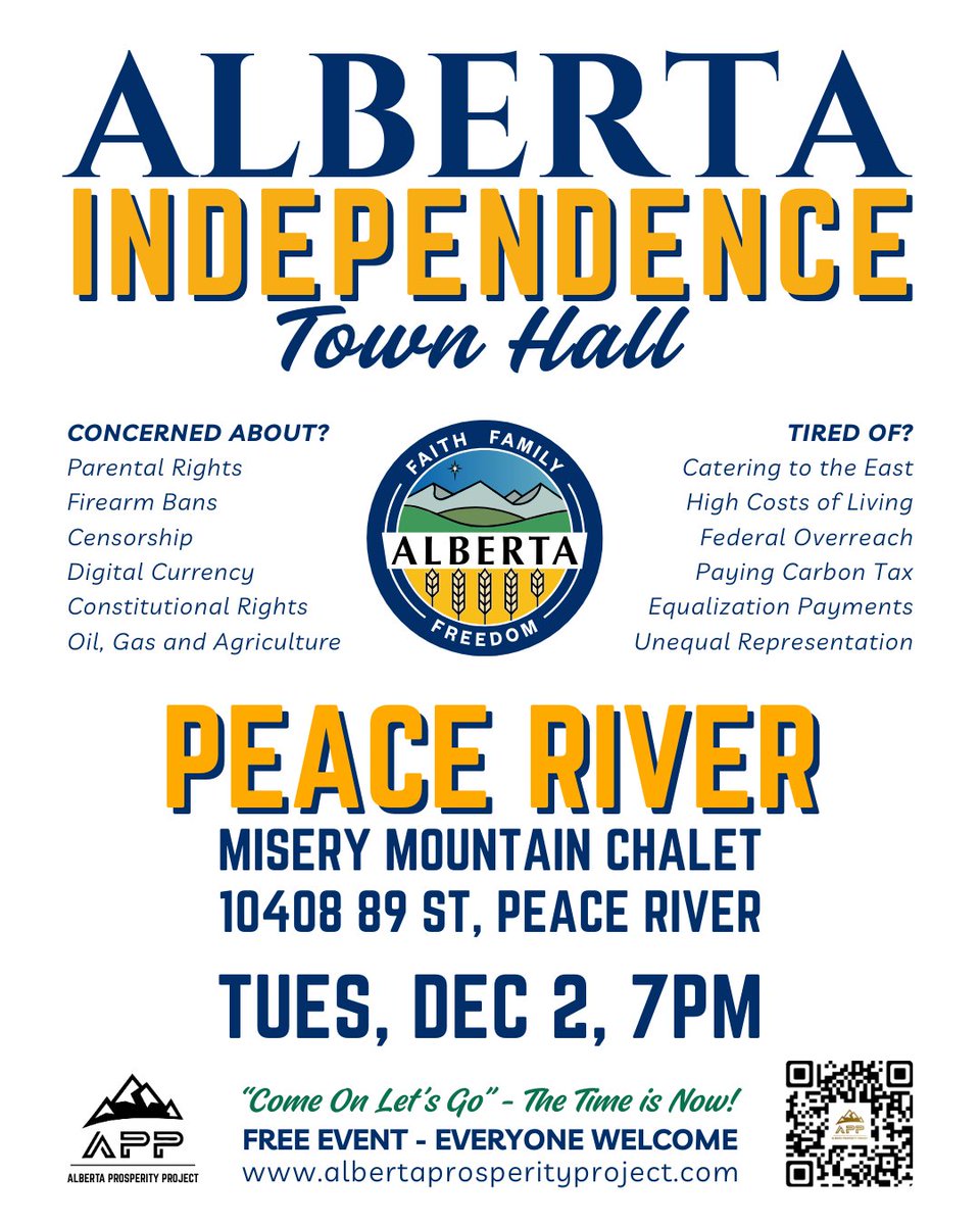 ABProsperityPrj's tweet image. What if Alberta didn’t have to beg Ottawa for its future?
Join our next Town Hall and discover how you can help shape a sovereign Alberta.
🎤 Expert speakers
💬 Honest Q&amp;amp;A
🌱 Real solutions
📍Peace River, Mon, Dec 2, 7pm
🔗 albertaprosperity.com/events
#AlbertaIndependence #APP