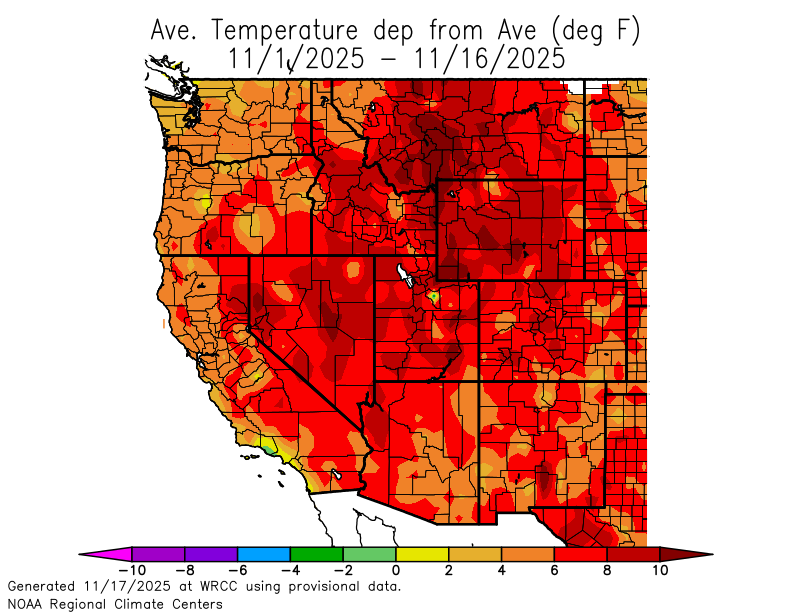 AlanSmithWx's tweet photo. The first half of November has been incredibly warm across the West. Some ski areas are already delaying their openings due to a lack of natural snowfall, along with poor snowmaking conditions. https://t.co/FbhFnKaEde