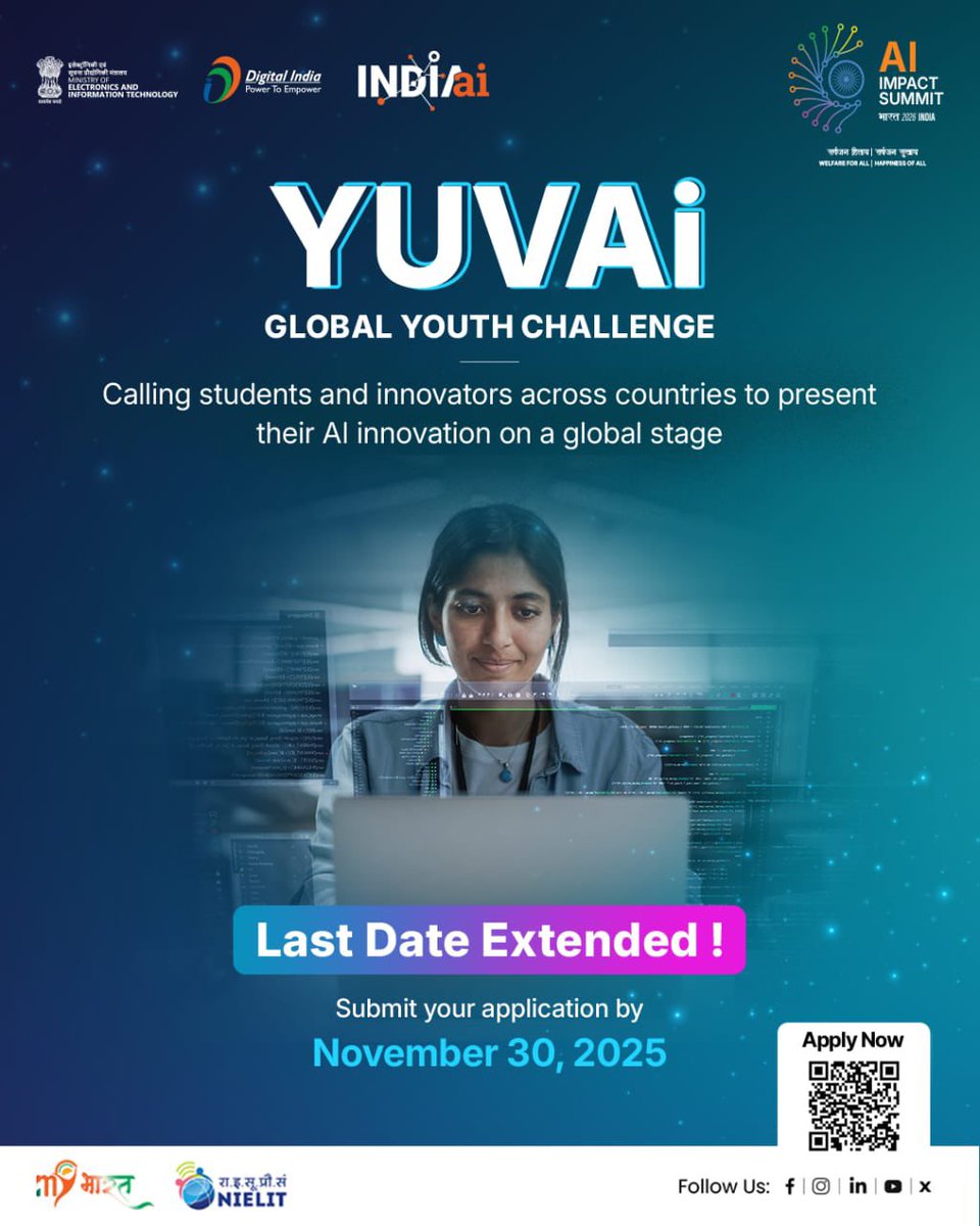 Sudarshn_chakra's tweet image. YUVAi – 🇮🇳 - Global Youth Challenge

🌍 Calling the next generation of changemakers!
The YUVAi – Global Youth Challenge is an international innovation platform designed to inspire students aged 13 to 21 to conceptualize, build &amp;amp; showcase AI-driven solutions for public good.
🇮🇳