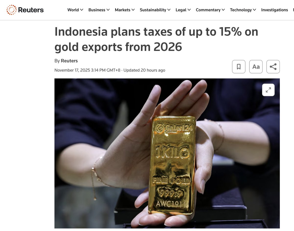 matrixdock's tweet image. Indonesia, as one of the BRICS countries, is restricting the export of physical gold. 

This is another evidence that sovereign demand for gold as a geopolitical hedge.