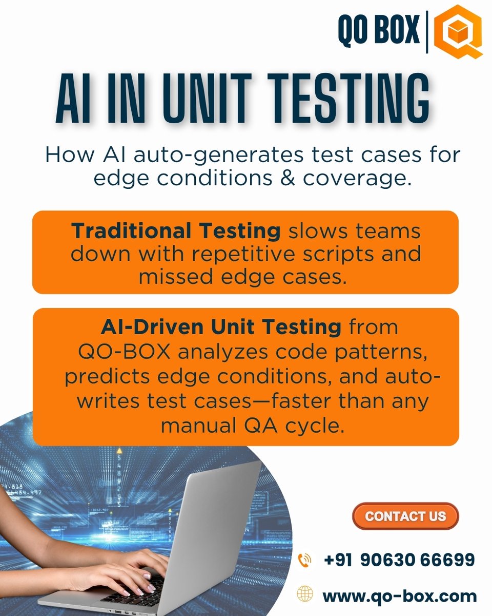 QoBox's tweet image. Boost your software quality with AI-Driven 
Unit Testing from QO-BOX.
Our AI analyzes code, predicts edge cases, and auto-generates test cases—reducing manual effort and accelerating release cycles.
Smarter coverage. Fewer bugs. Faster delivery. 🚀

📲 +91 90630 66699
🌐…