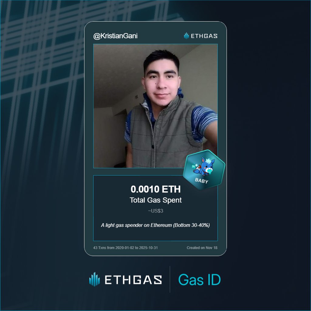 Just unlocked my Gas ID via ETHGas 🪪

I'm a Baby Jack with 0.001 ETH spent on gas since Beacon Chain - now fueling my climb to the Gasless Future and earned 1 Beans already. o

Reveal yours at ethgas.com/community/gas-…