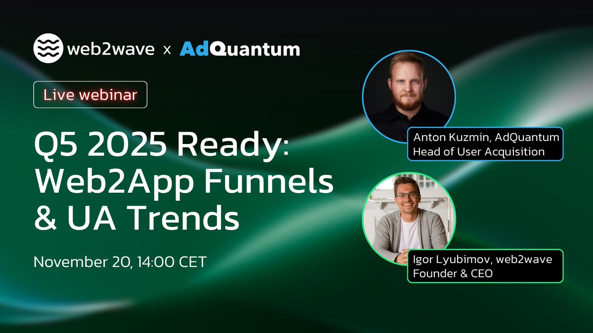 Q5 is just around the corner!

Join Anton Kuzmin, Head of UA at AdQuantum, and Igor Lyubimov, Founder &amp; CEO of web2wave, on November 20 at 2:00 PM for a webinar, where we share actionable hacks for the Q5 season.

Register here: streamyard.com/watch/bv8etwxy…