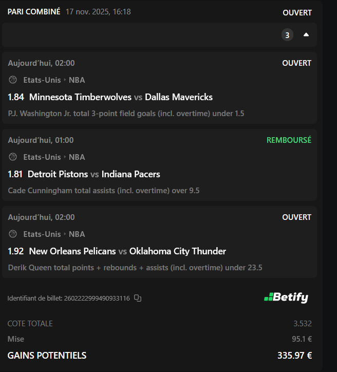 Paul26NBA's tweet photo. [#NBA🏀]📆17/11

✅✅PJ Washington -1,5 3 pts &amp; ♻️Cunnimgham 10 Passes &amp; Derik Queen -23,5 PRP 3.53

❤️♻️si tu suis 

#TeamParieur #pronostic https://t.co/GT8JKBaFav