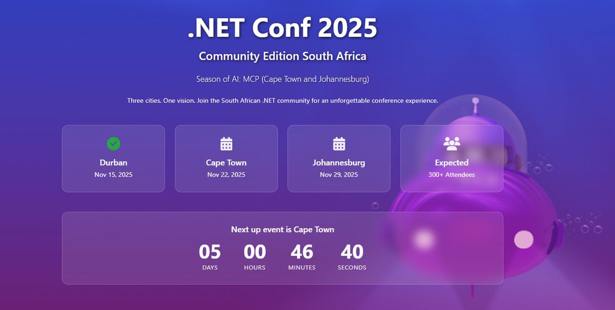 mattleibow's tweet image. #dotnetconfsa Durban was epic! 🚀 Next up: Cape Town on 22 Nov! 🎉 Agendas are now live: cptmsdug.dev/dotnet-conf-20…
Season of AI + MCP, 30+ sessions, 300+ devs. Don’t miss it! 🇿🇦🔥 Free ttickets: quicket.co.za/events/345605-…  #dotnet #dotnetconf @cptmsdug