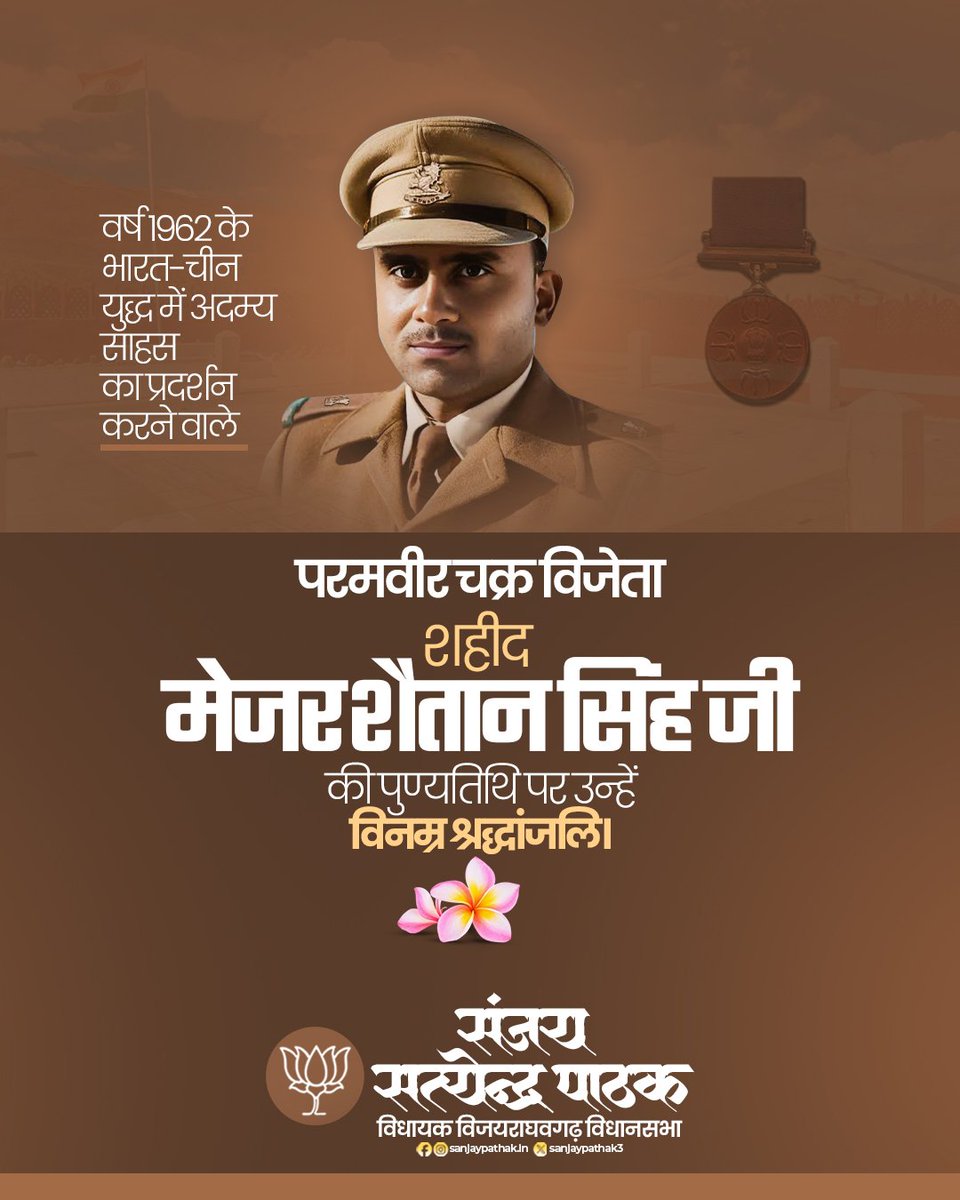 वर्ष 1962 के भारत-चीन युद्ध में अदम्य साहस का प्रदर्शन करने वाले परमवीर चक्र विजेता शहीद मेजर शैतान सिंह जी की पुण्यतिथि पर उन्हें विनम्र श्रद्धांजलि।