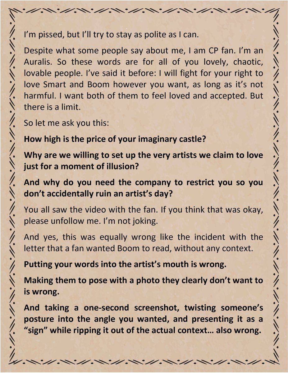 Lacuna1317's tweet image. I’m pissed, but I’ll try to stay as polite as I can.
Despite what some people say about me, I am CP fan. I’m an Auralis. So these words are for all of you lovely, chaotic, lovable people. I’ve said it before: I will fight for your right to love Smart and Boom however you want, as…