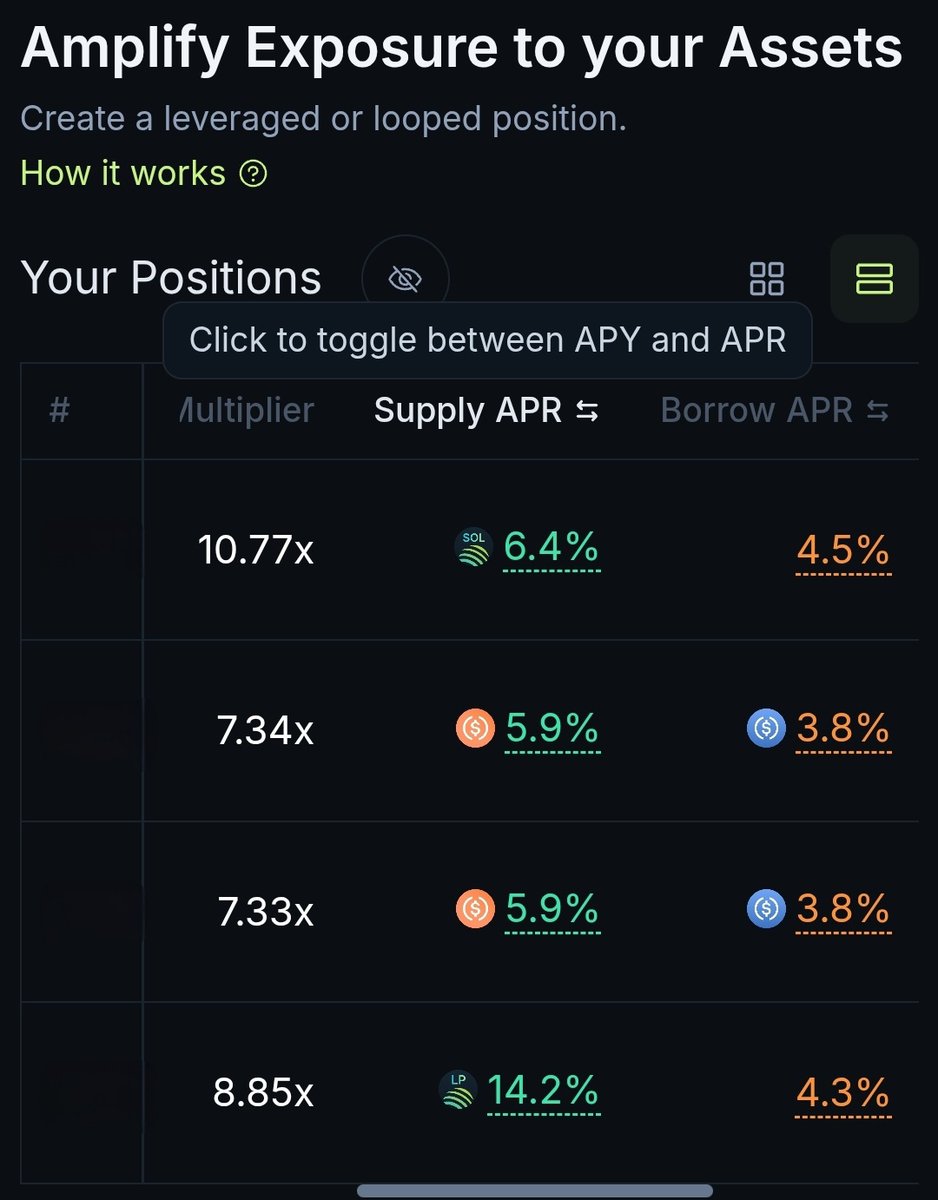 JupUnitedStates's tweet image. 🏗 @jup_lend keeps refining its craft. 

🔁 Toggle above each position to view APY or APR.
  
💲 APR = your annual percentage rate. 
 
💰 APY = your annual return after auto‑compounding.
 
📈 See potential returns instantly, JupLEND surfaces position performance like no other…